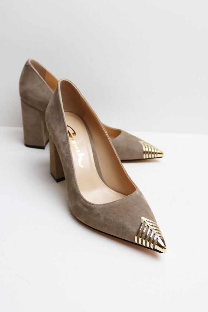 Kalın Topuklu Burnu Galvanizli Stiletto  VIZON SUET D79942VIZON SUET resmi