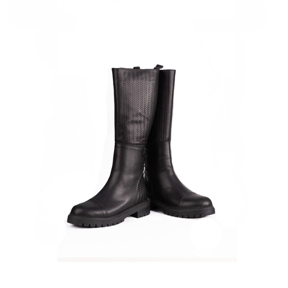 Hasır Desenli  Fionk Detaylı 4Cm Topuklu Binici Çizmesi  SİYAH W-1502SİYAH resmi